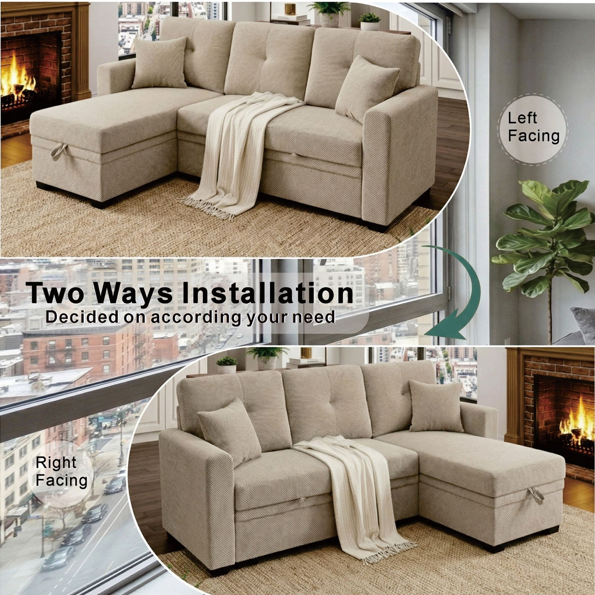 Sofá seccional cama con nido extraíble, chaiselongue reversible