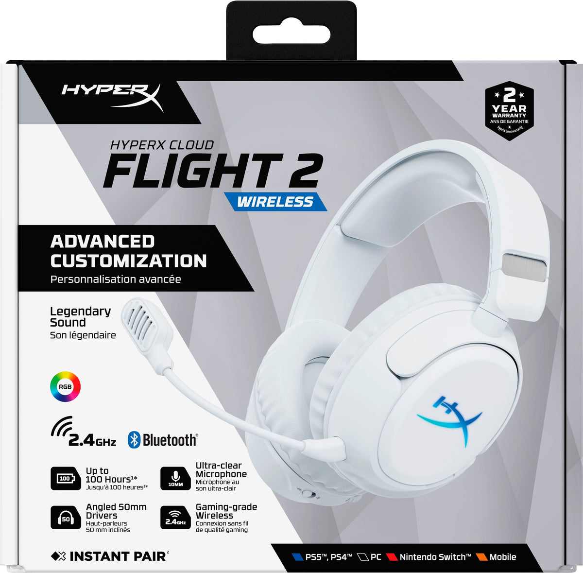 HyperX - Cloud Flight 2 Wireless Gaming Headset for PC, PS5, PS4, Nintendo Switch, Mac, Mobile, and Bluetooth - White