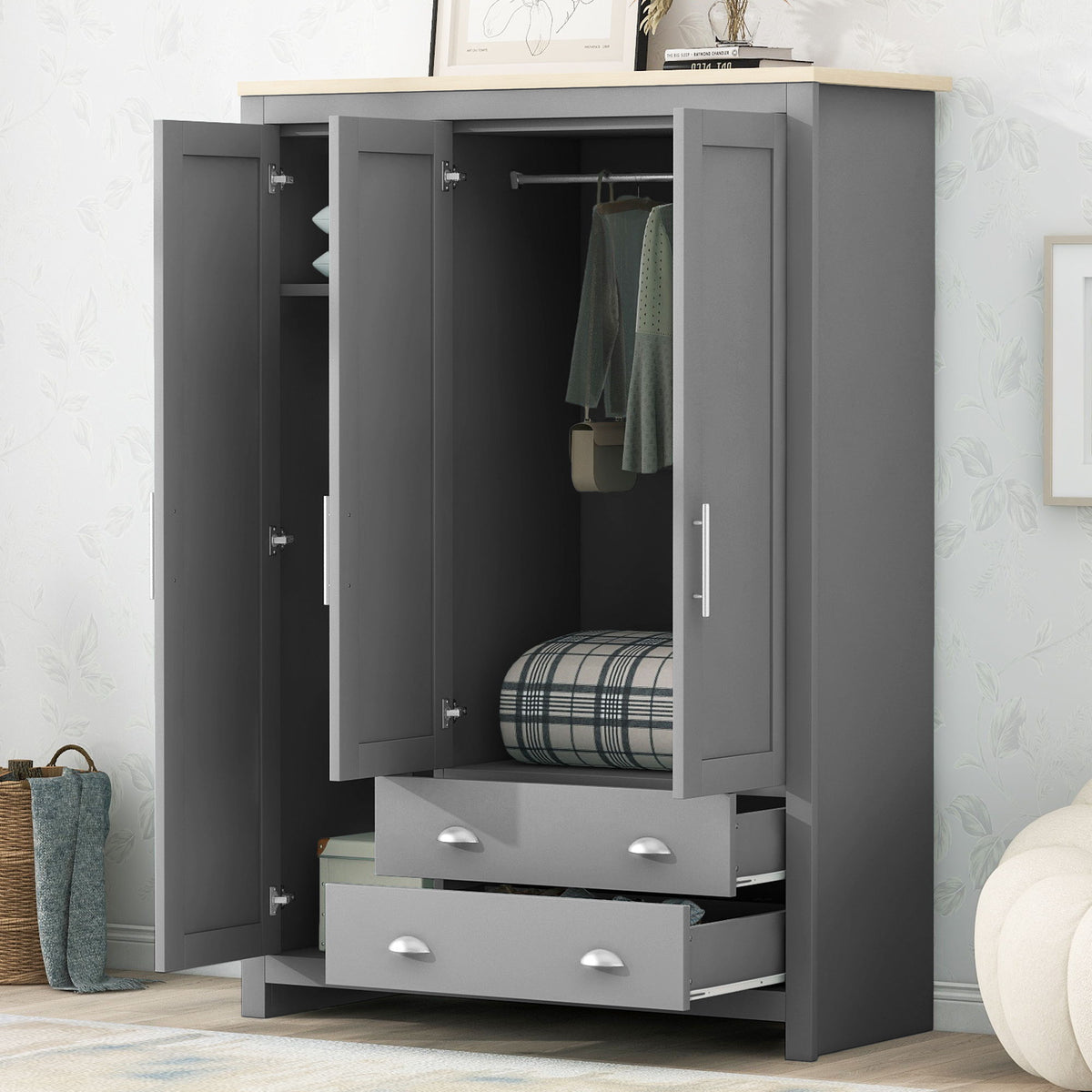 3 Door Storage Wardrobe With Cabinets And 2 Hanging Rods - Gray