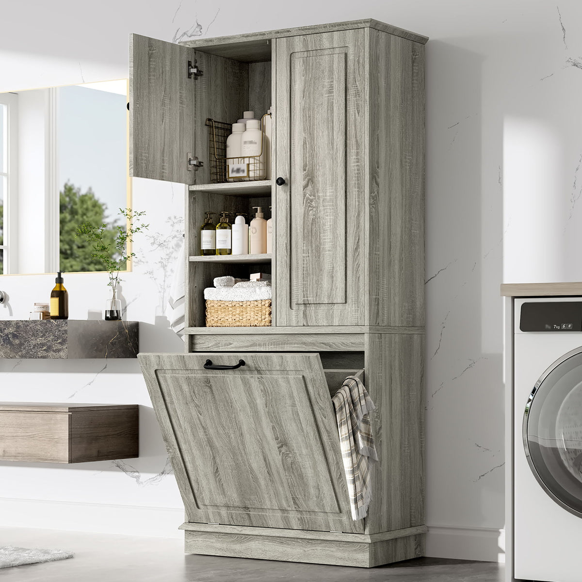Armario alto moderno con estantes ajustables, cesta extraíble y puertas cerradas