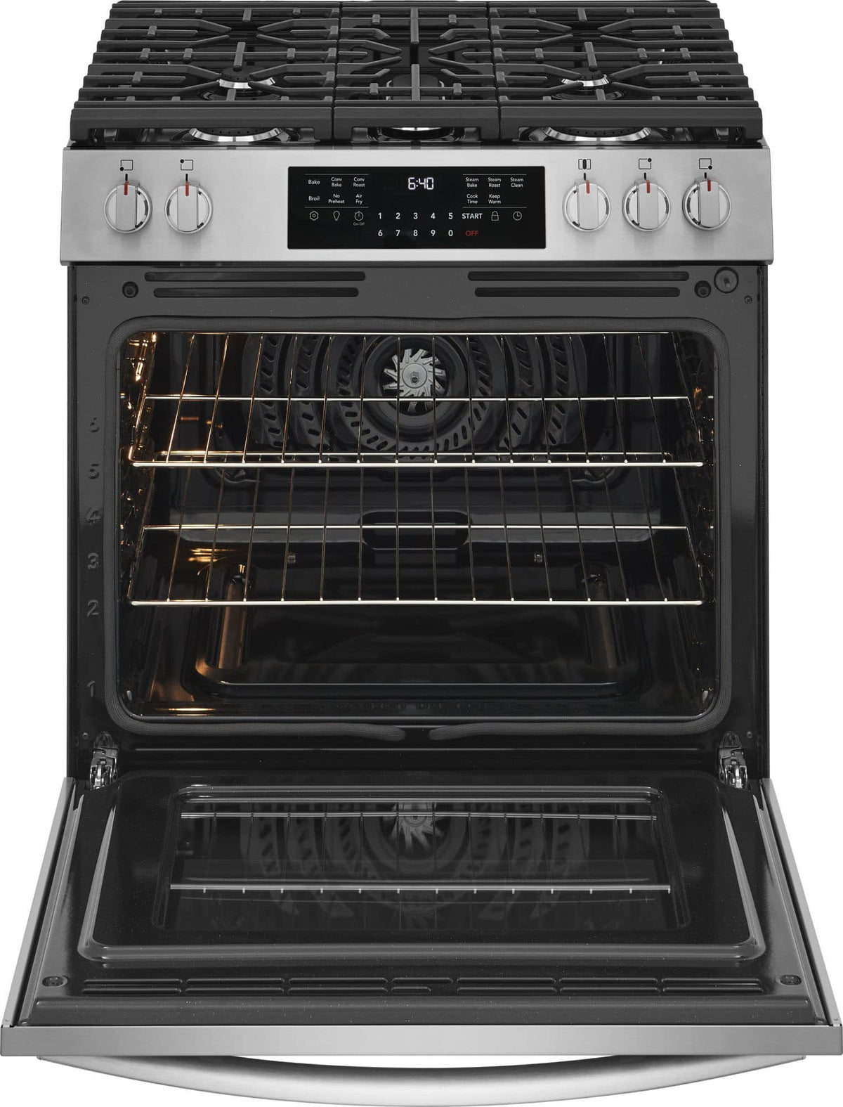 Frigidaire - Gallery 30 in. Wide 5 burners 5.1 Cu. Ft. Slide-in Gas Total Convection Range with Air Fry and Steam Clean - Stainless Steel