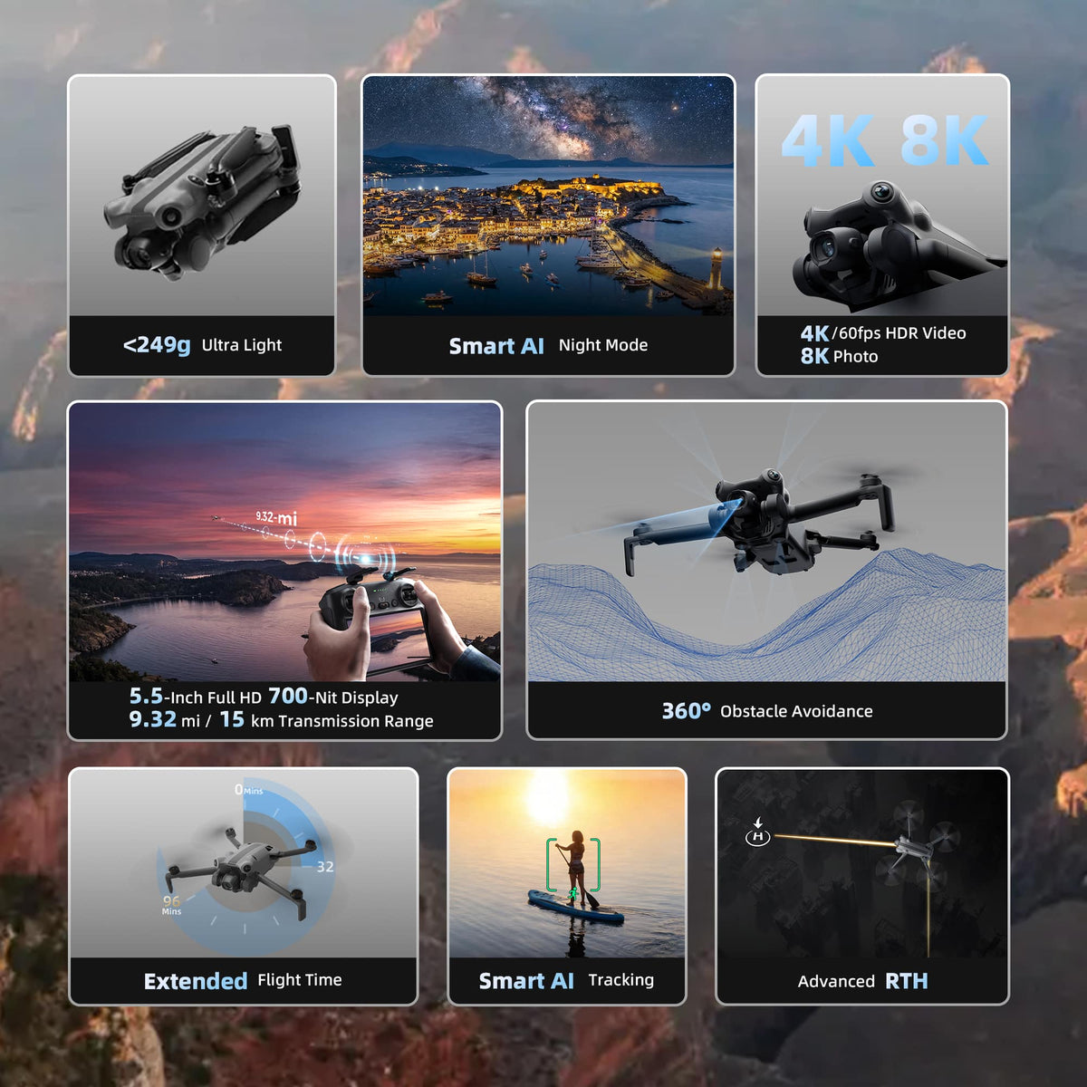 SKYROVER - X1 Fly More Combo 8K Drone Bundle with Remote Screen Controller - Gray