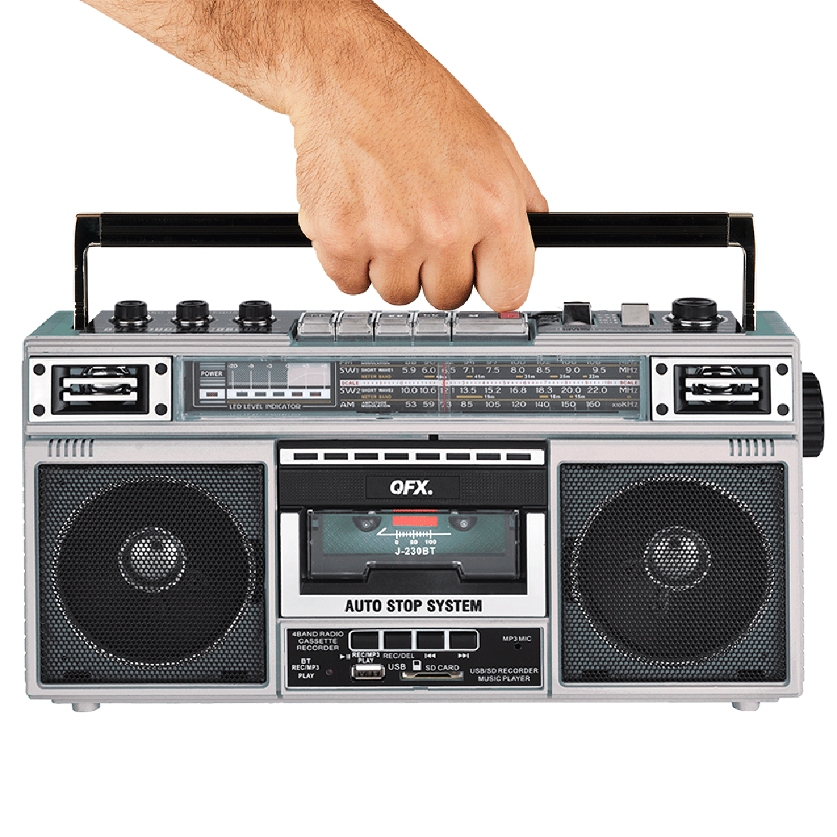 QFX - RECHARGEABLE CASSETTE AM/FM/SW1-2 RADIO BLUETOOTH BOOMBOX WITH USB RECORDING - Silver
