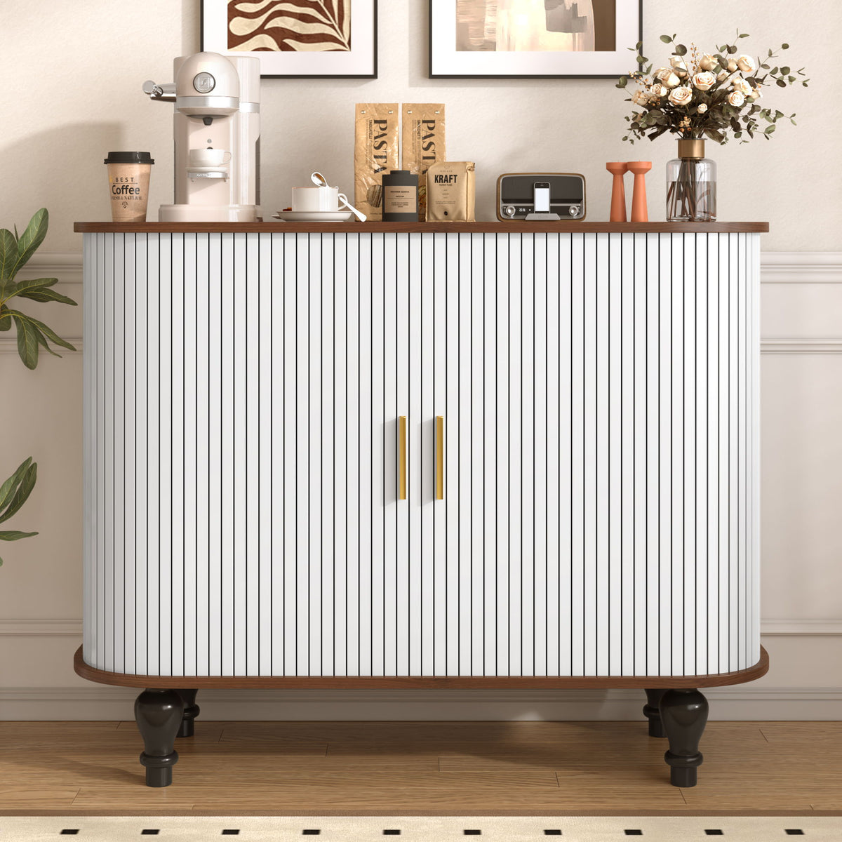 Mueble bar estriado para licores y café con 6 botelleros y 3 soportes para copas