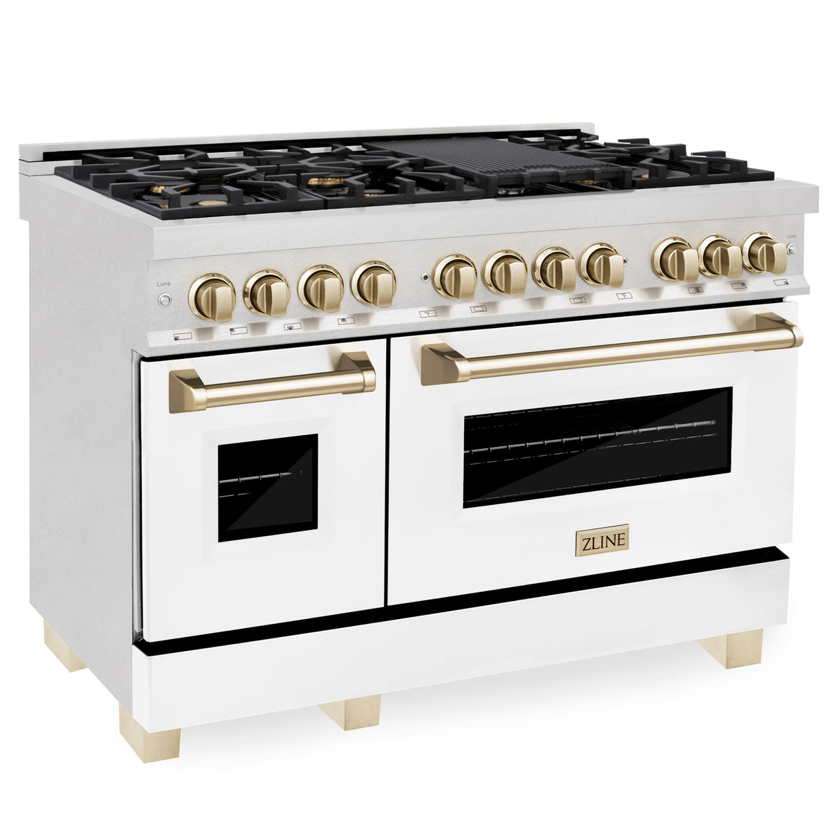ZLINE - 48 in. Wide 8 Burner 6.0 cu. ft. Autograph Legacy Dual Fuel Freestanding Range in Satin Steel w/ White & Gold Accents - Multicolor