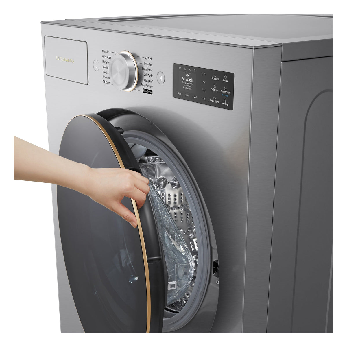 LG - SIGNATURE 5.8 Cu. Ft. Mega Capacity High-Efficiency Stackable Smart Front Load Washer with Steam and ezDispense - Platinum Steel