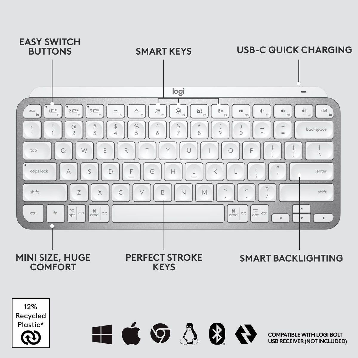 Logitech - MX Keys Mini TKL Wireless Bluetooth Scissor Keyboard with Backlit Keys - Pale Gray