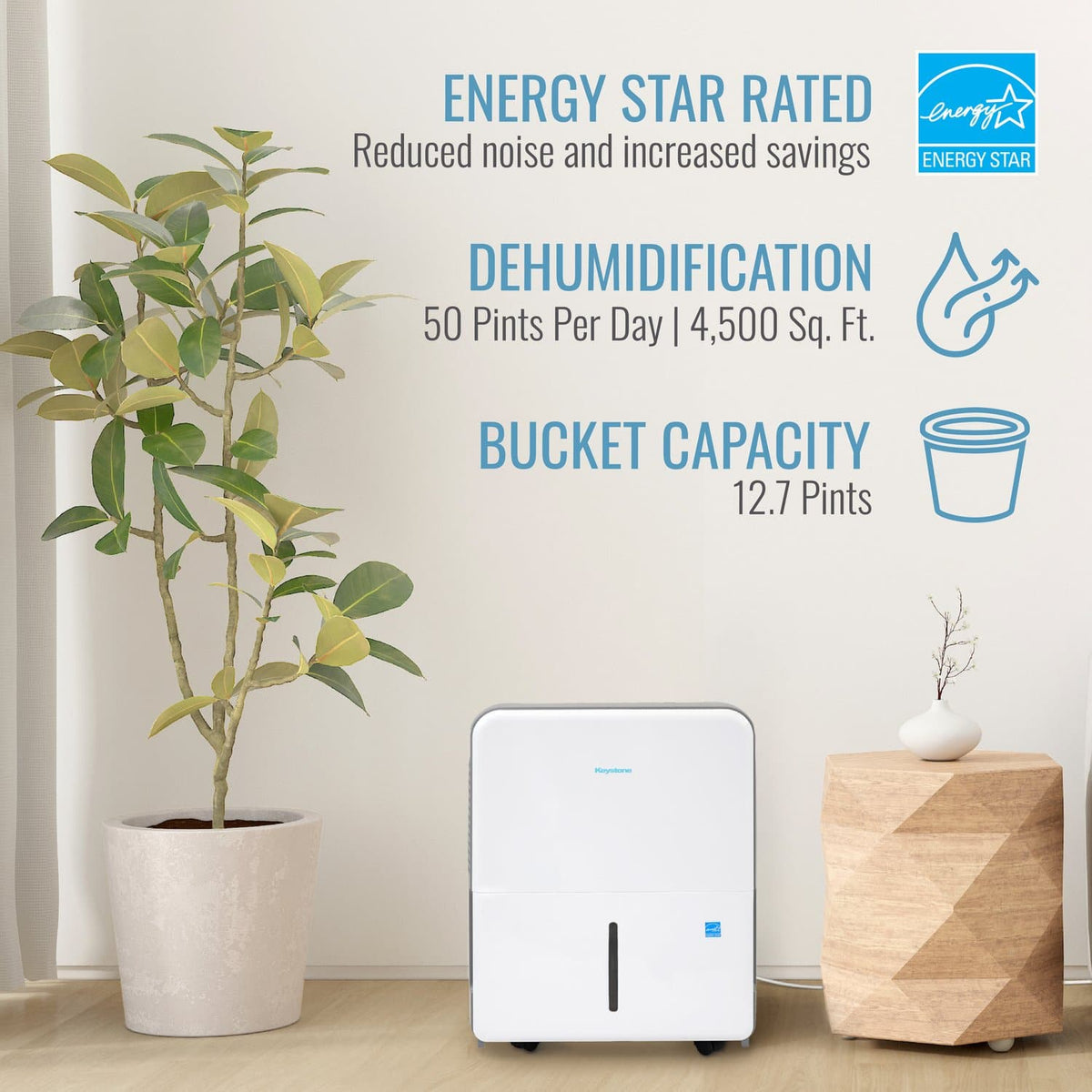 Keystone - 50-Pint 6.35 Quart Dehumidifier with Built-In Pump - White