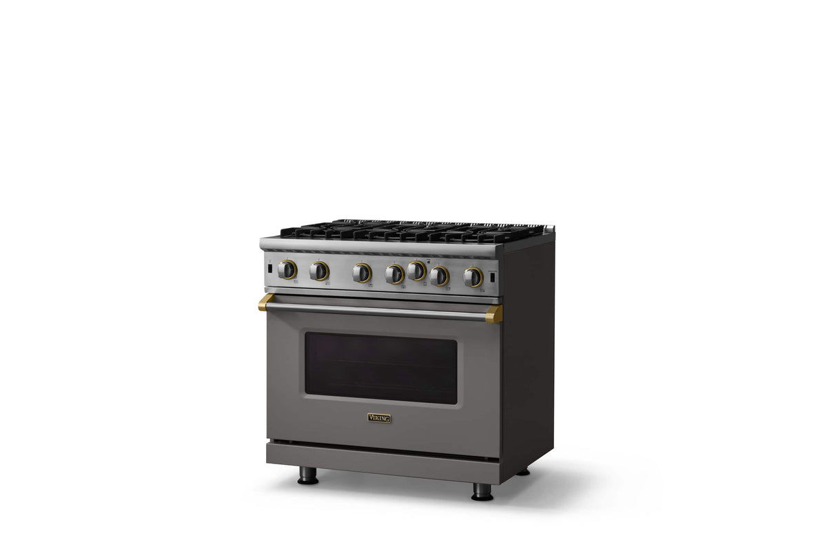 Viking - 30"W. 5.1 Cu. Ft. Freestanding Manual Clean Open Burner LP Gas Convection Range-Damascus Gray w. Brushed Brass Trim - Damascus Gray