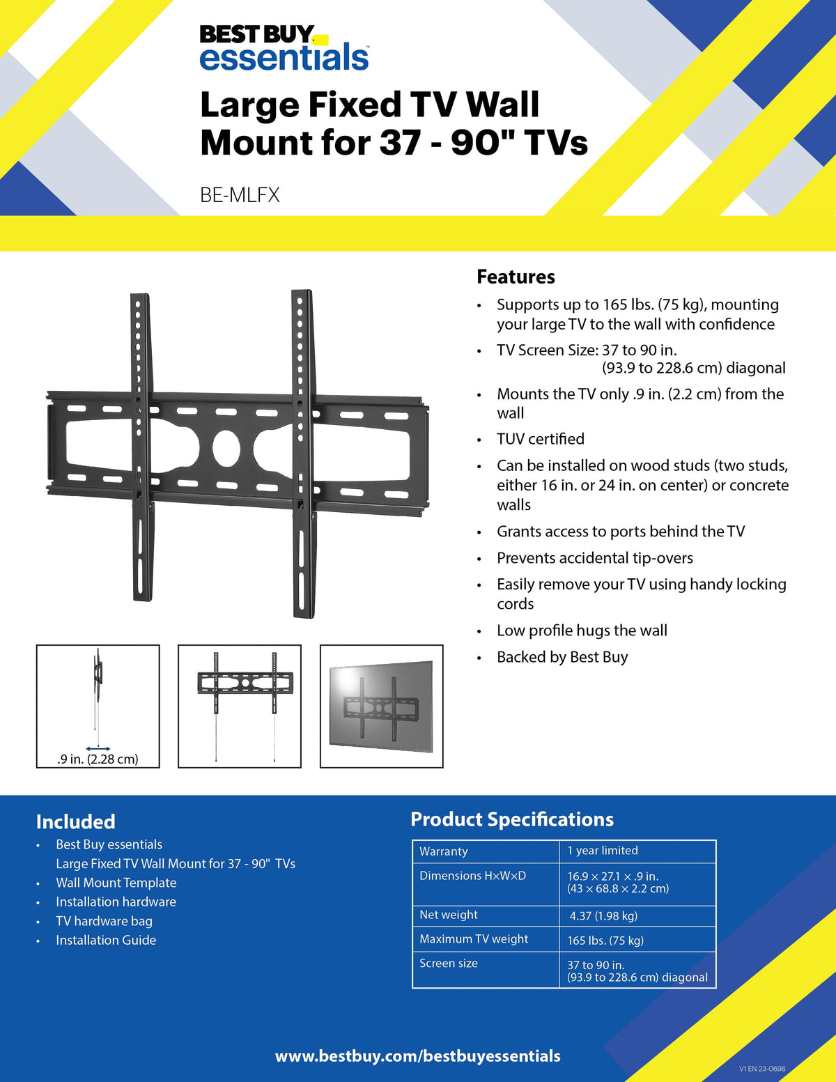 Best Buy essentials™ - Fixed TV Wall Mount for Most 37–90" TVs - Black