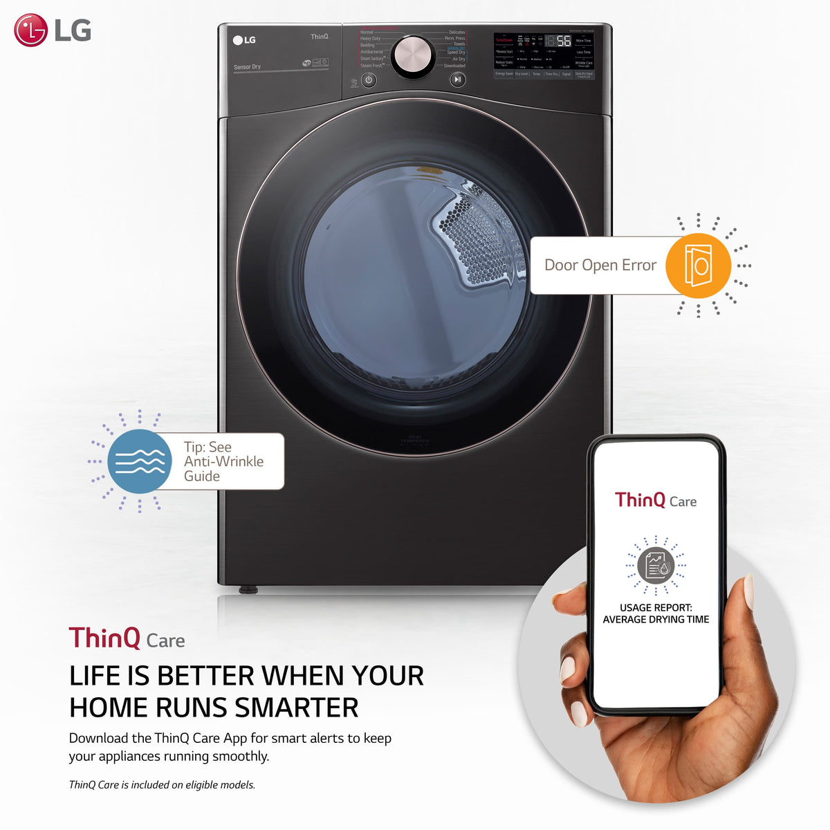 LG - 7.4 Cu. Ft. Stackable Smart Gas Dryer with Steam and Built-In Intelligence - Black Steel