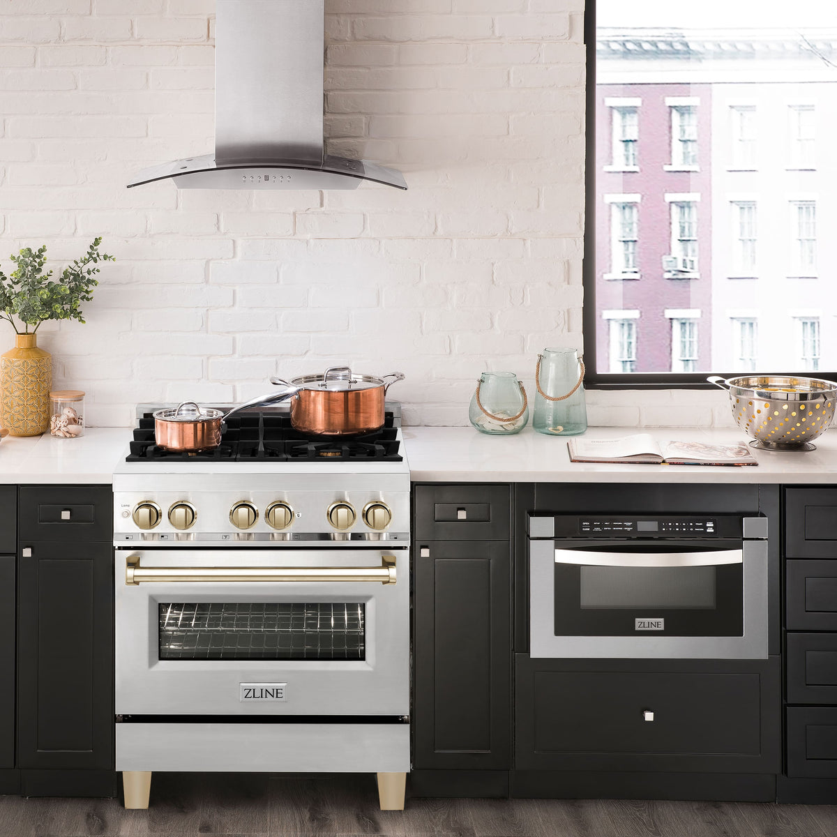 ZLINE - 30 in. Wide 4 Burner Autograph Legacy Dual Fuel Range with Polished Gold Accents (RAZ-30-G) - Stainless Steel/Polished Gold Accents