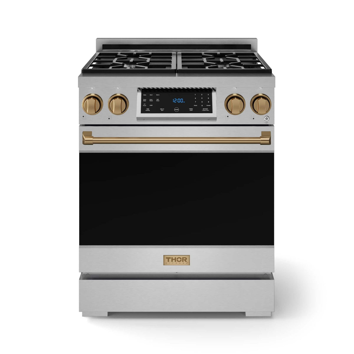 30 in. Wide 4 burner Gordon Ramsay Series by Thor Kitchen 4.55 Cu. Ft Freestanding Gas Range with Bronze Hardware - Stainless Steel
