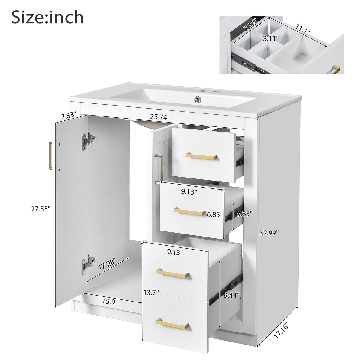 Tocador de baño con lavabo, mueble de almacenamiento, conjunto independiente con 3 cajones y puertas de cierre suave