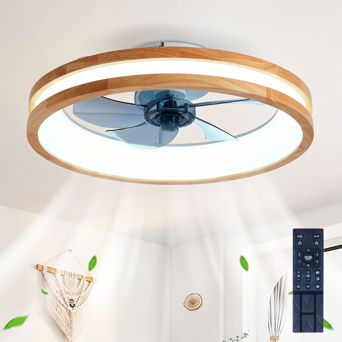 Ventiladores de techo con fuente de luz LED y control remoto, regulables de 3000 a 6500 K, 6 velocidades, motor de CC silencioso para sala de estar - Madera natural / Blanco