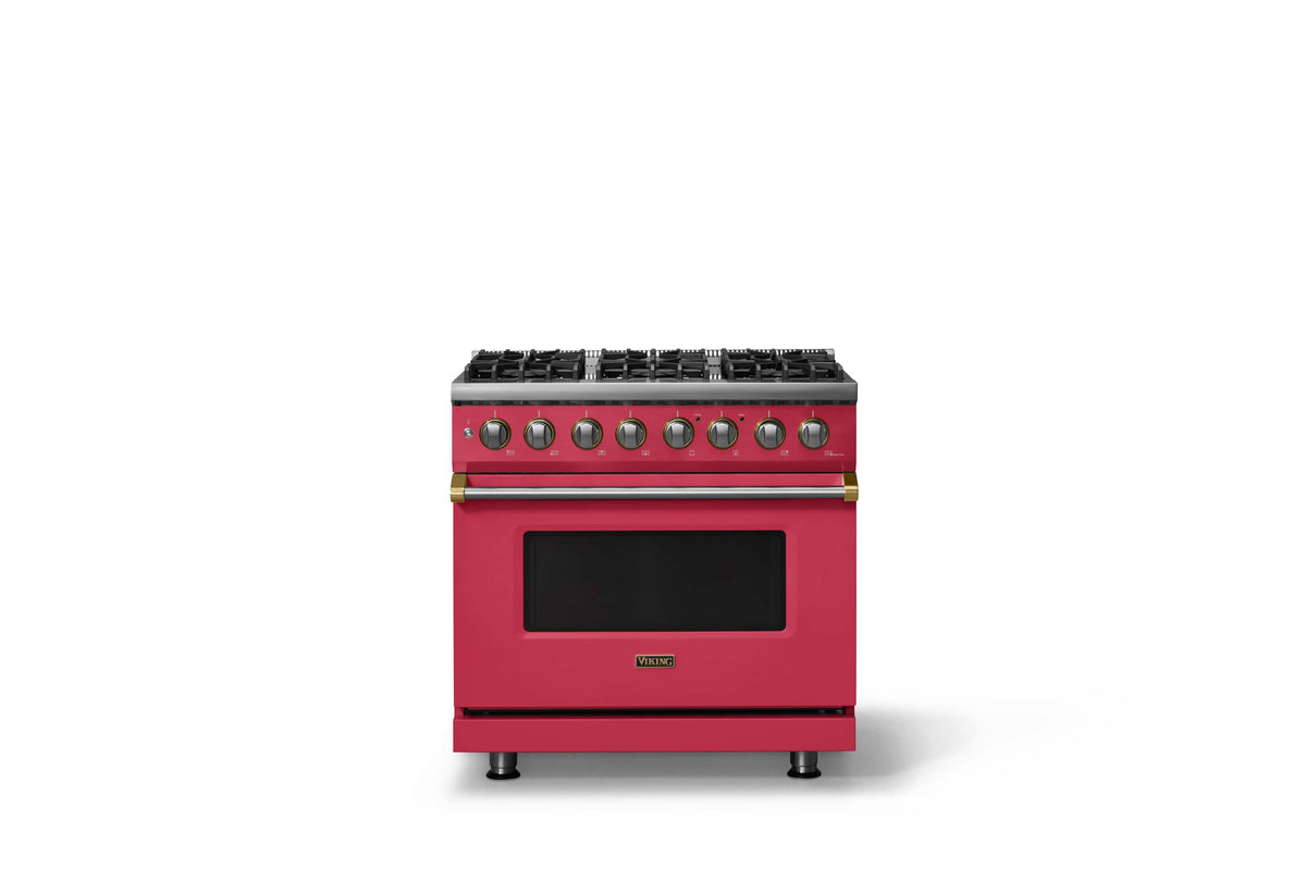 Viking - 36"W 5.6 Cu.Ft. Pro5S Freestanding Sealed 6 Burner Dual Fuel Convection LP Range - Valentine w. Brushed Brass Trim - Valentine