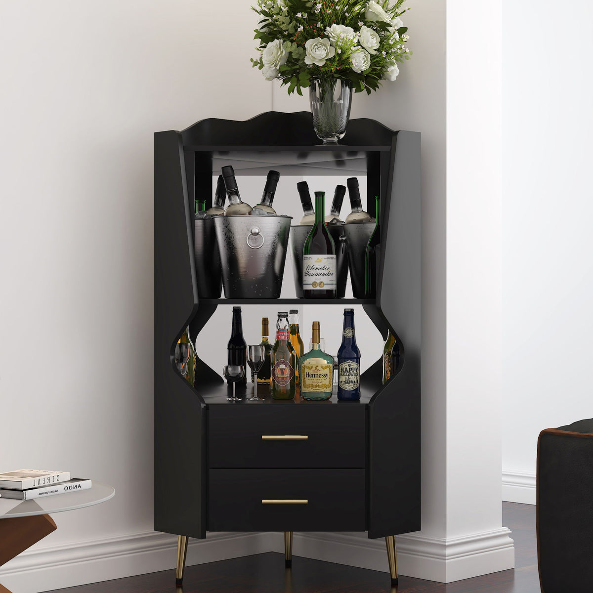 Corner Bar Cabinet With Mirrored Back, 2 Open Shelves & 2 Drawers, High Legs For Easy Cleaning