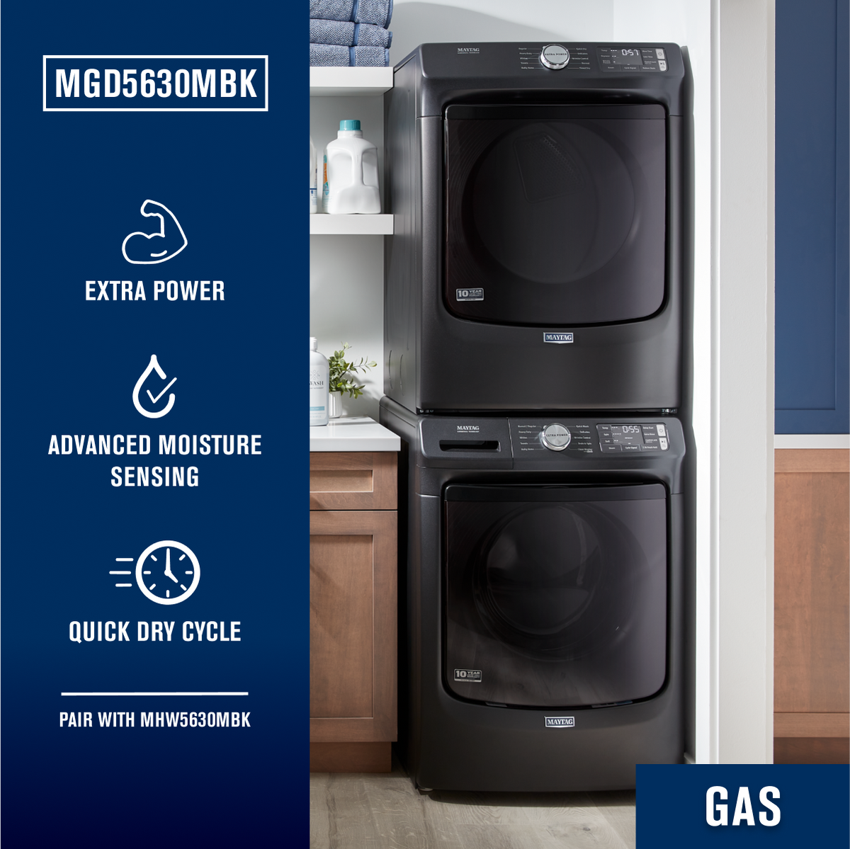 Maytag - 7.3 Cu. Ft. Stackable Gas Dryer with Extra Power Button - Volcano Black
