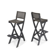 Outdoor Folding Acacia Wood Barstools With Rattan Backrest And Seat, (Set of 2) - Dark Gray