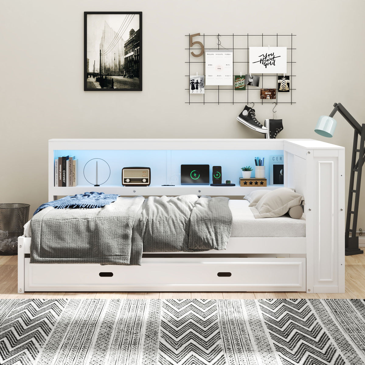 Daybed With Storage Shelves, LED, USB, And Trundle