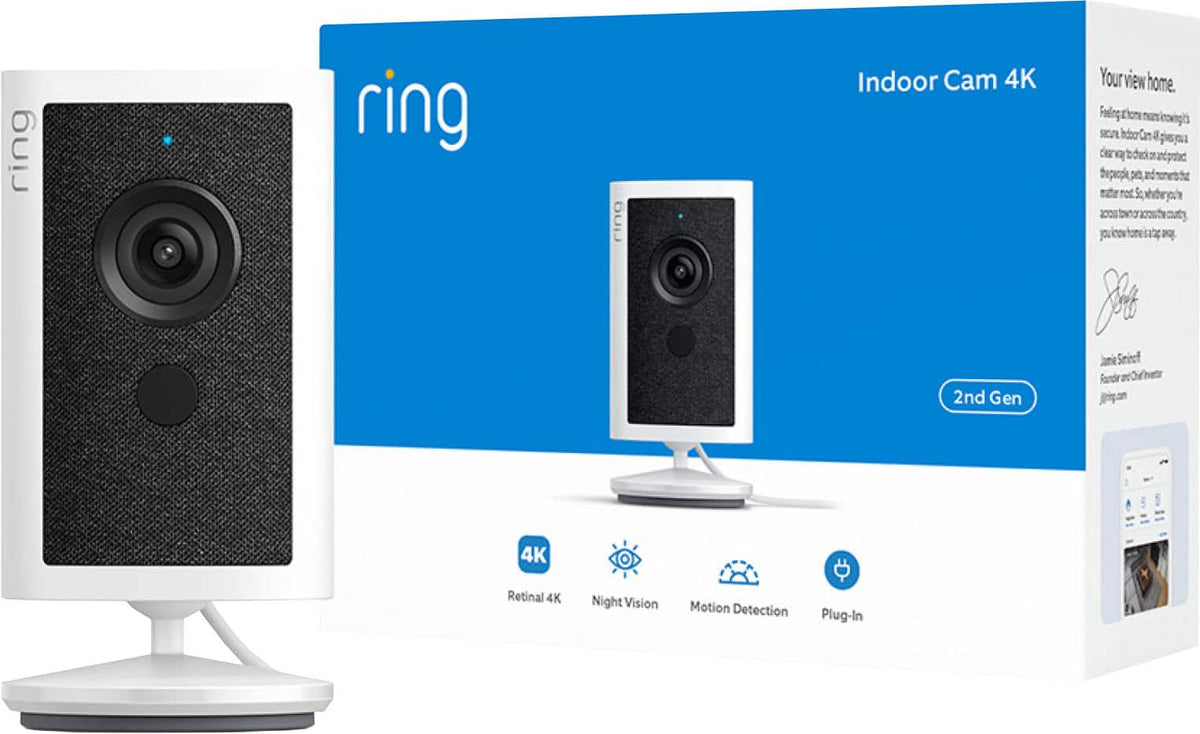 Ring - Smart Indoor Cam Retinal 4K, Plug-In, Auto HDR, color Night Vision in low light, home or business security - White