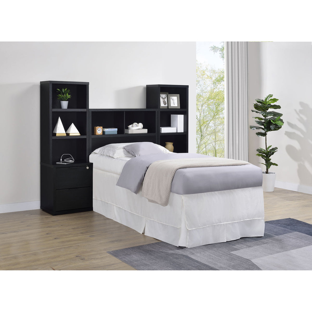 Geary - Set de dormitorio de 3 piezas con cabecero con estantería