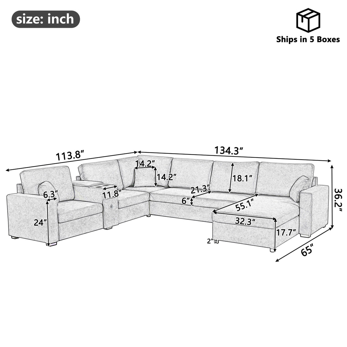 Modular 5 Seat U-Shape Sectional Sofa With Chaise Lounge, Built In Cup Holders And Storage Drawer