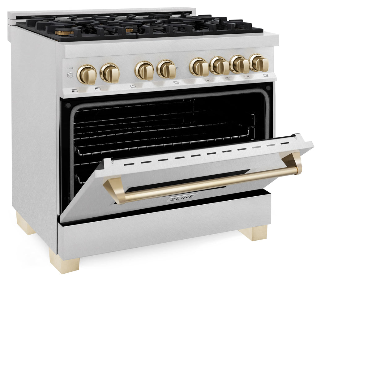 36 in. Wide 6 Burner ZLINE Autograph Legacy Dual Fuel Range in Satin Steel & Gold Accents (RASZ-SN-36-G) - Stainless Steel