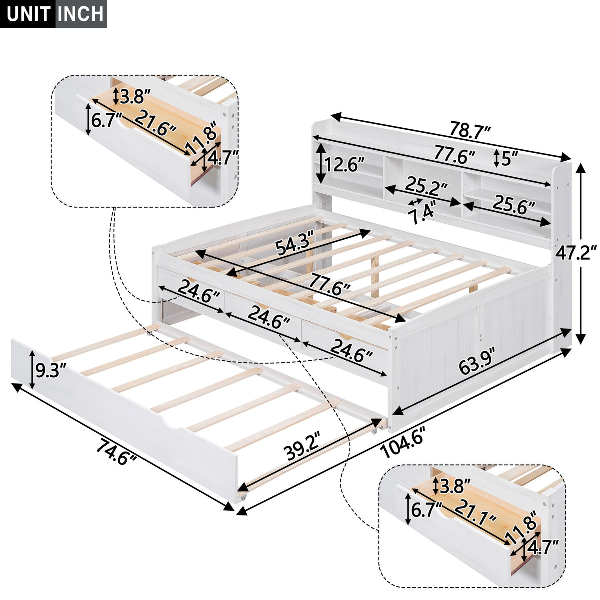 Captain Bed With Built In Bookshelves, 3 Storage Drawers, And Trundle