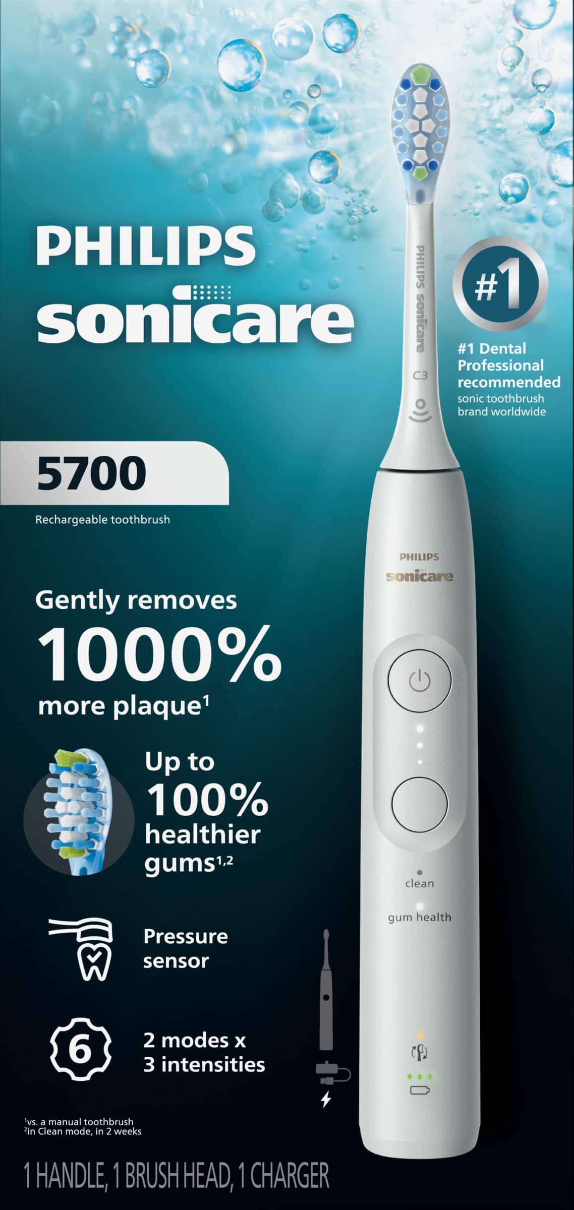 Philips Sonicare - 5700 Electric Toothbrush - Next-Generation Sonicare Technology, Pressure Sensor, 6 Brushing Settings - White