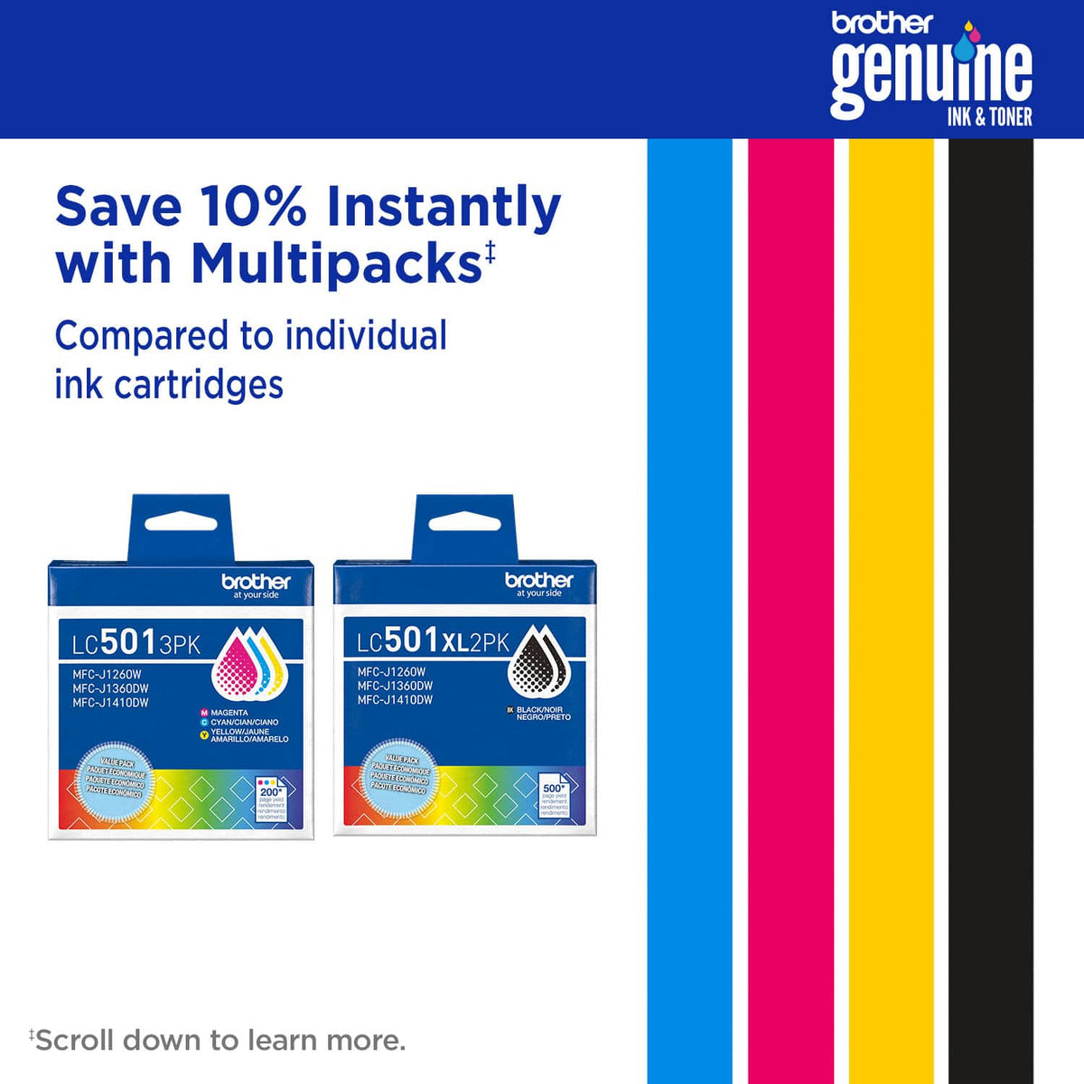 Brother - Genuine LC501XL3PK 3-Pack High Yield Color Ink Cartridges - Cyan/Magenta/Yellow