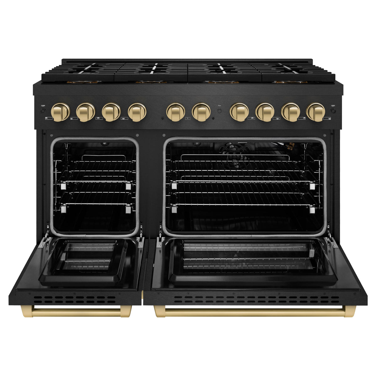 ZLINE - 48 in. Wide 8 Burner Autograph 6.7 cu. ft. Double Oven Freestanding DuoPro Gas Range with Bronze Accents - Black Satin Stainless Steel
