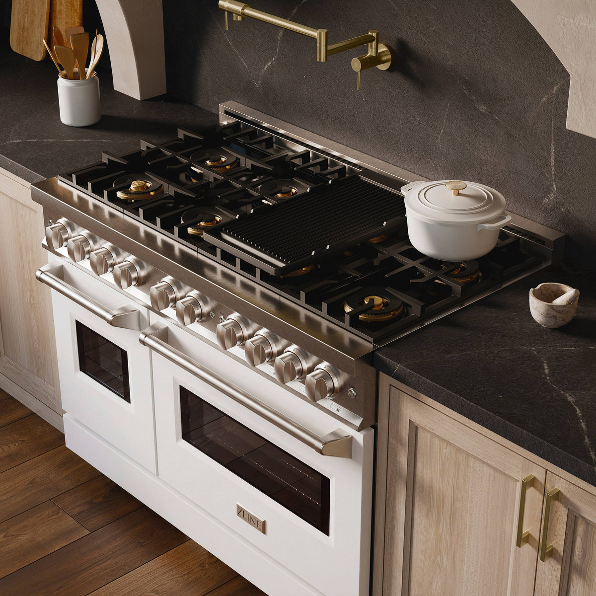 ZLINE - 48 in. 6.7 cu. ft. Classic Freestanding DuoPro Gas Range with Dual Ovens in Satin Stainless Steel & White Doors - White Matte