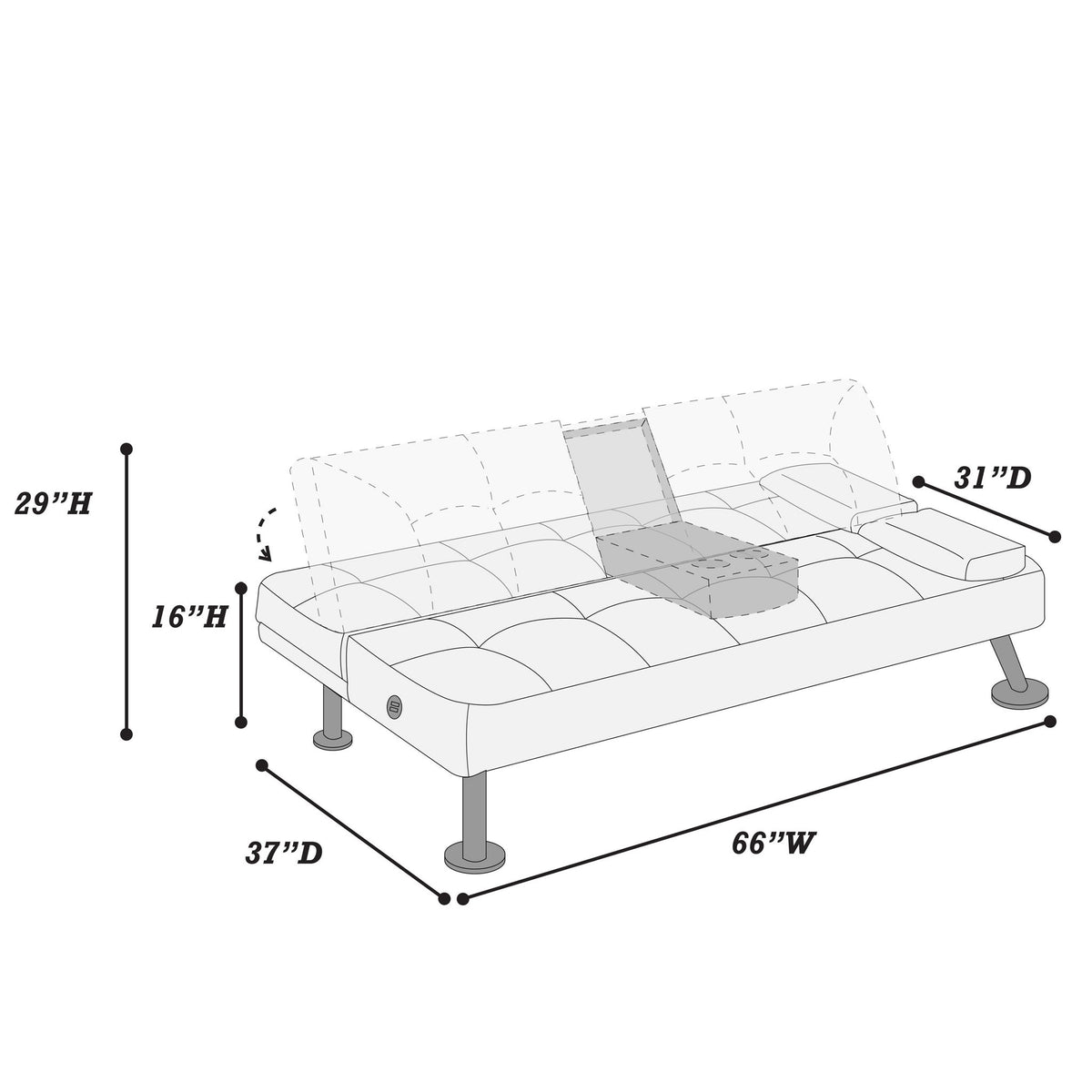Sofá ajustable con mesa abatible y portavasos