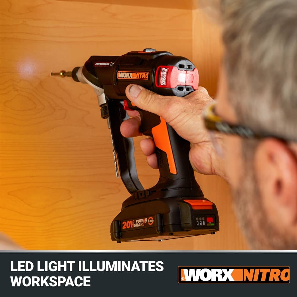 WORX - Nitro 20V SwitchDriver 2-in-1 Brushless Cordless Drill/Driver - Rotatable Dual 1/4" Chucks (Battery & Charger Included) - Black