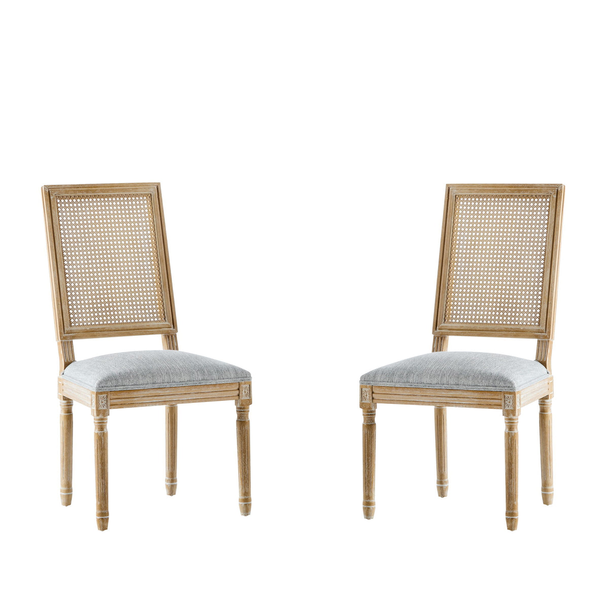 French Country Dining Chair With Rectangular Cane Backrest And Smooth Upholstered Seating
