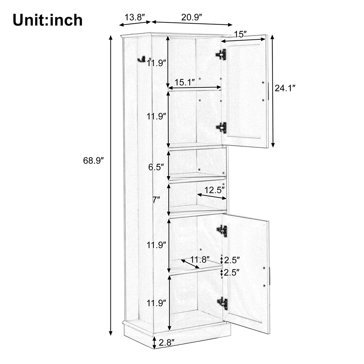 Armario de baño alto independiente con estantes ajustables y panel de ganchos laterales, diseño rectangular
