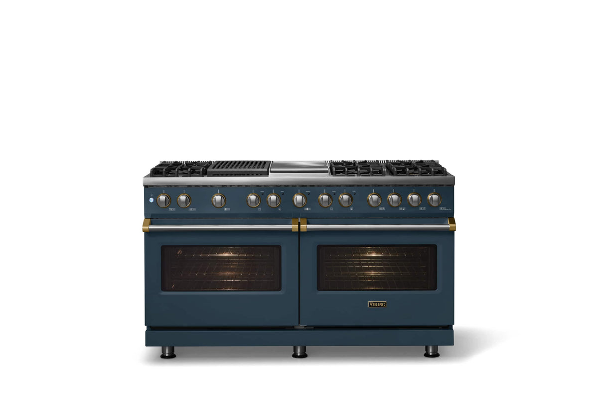 Viking - 60"W. 8 Burner Pro 5 Series 9.4 Cu. Ft. Freestanding Sealed LP Dual Fuel ConvectionRange with Brushed Brass Trim - Squall
