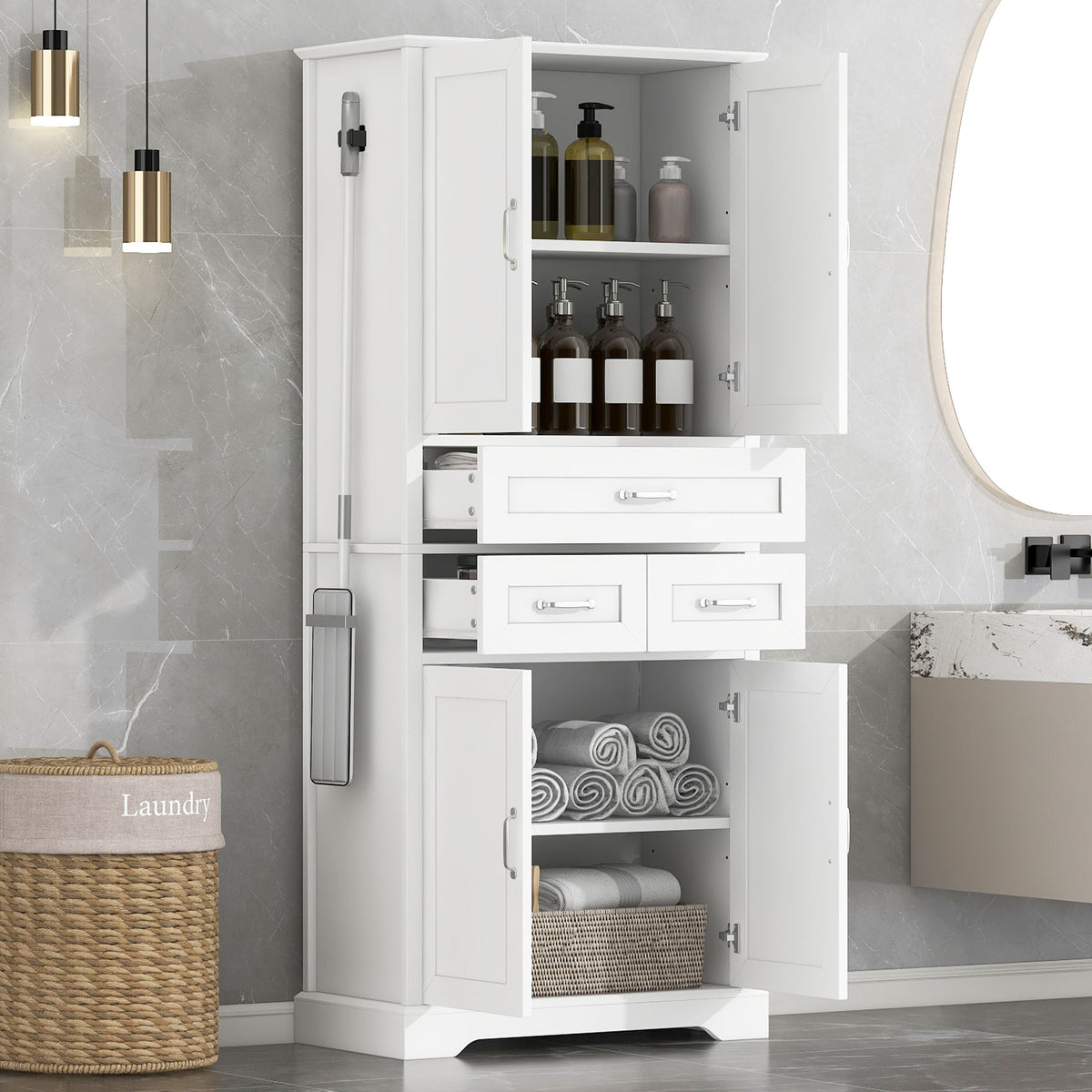 Armario alto de baño con 4 puertas, 3 cajones y estantes ajustables - Blanco