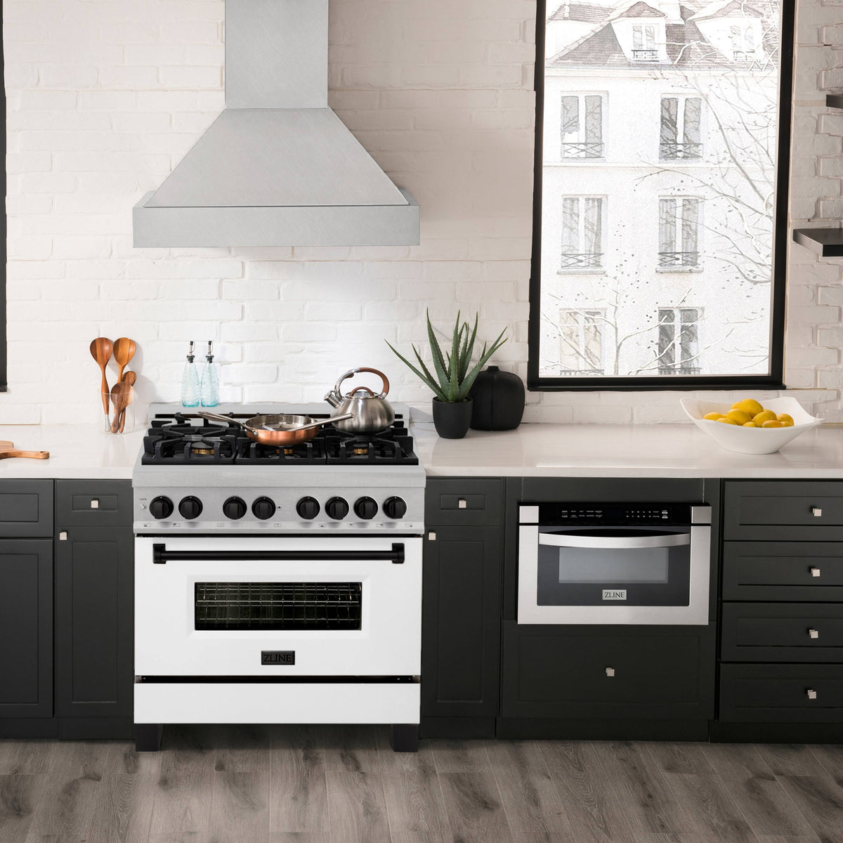 ZLINE - 36 in. Wide 6 Burner Autograph Legacy Dual Fuel Range in Satin Steel w/ White & Black Accents (RASZ-WM-36-MB) - Stainless Steel