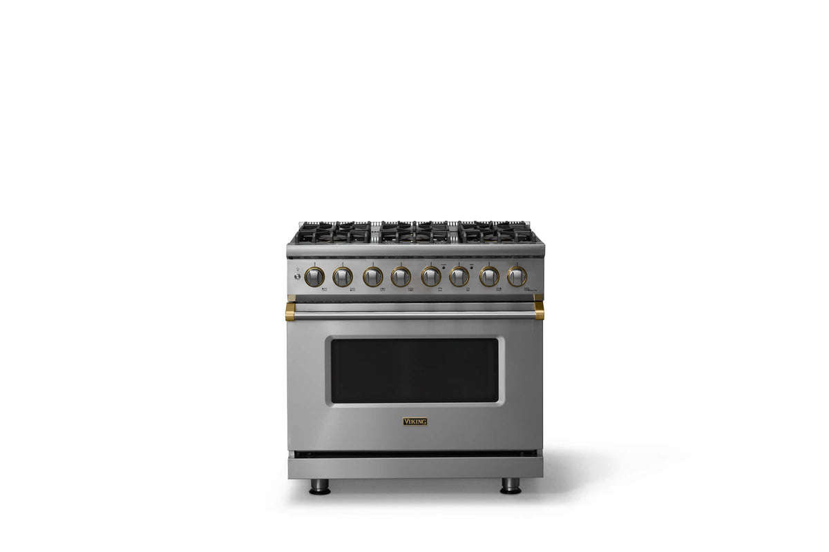 Viking - 36"W. Pro5S 5.6 Cu. Ft. Freestanding Self-Clean Sealed 6B LP Dual Fuel Convection Range-Stainless Steel/Brushed Brass - Stainless Steel