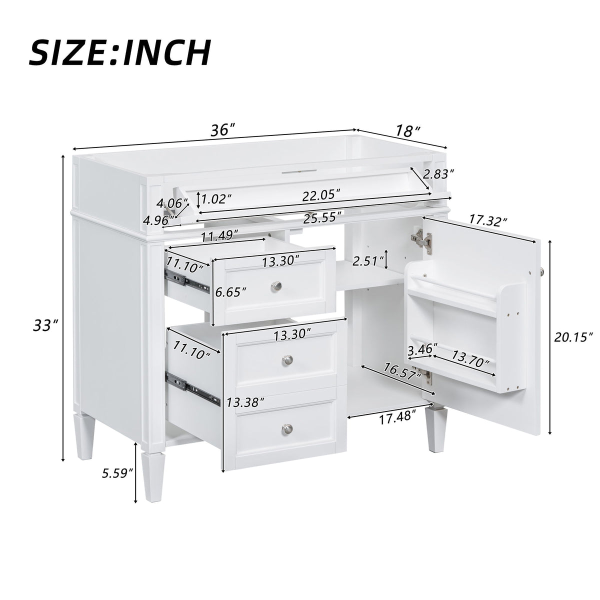 Bathroom Vanity With 2 Drawers And Tip-Out Drawer, Storage Cabinet