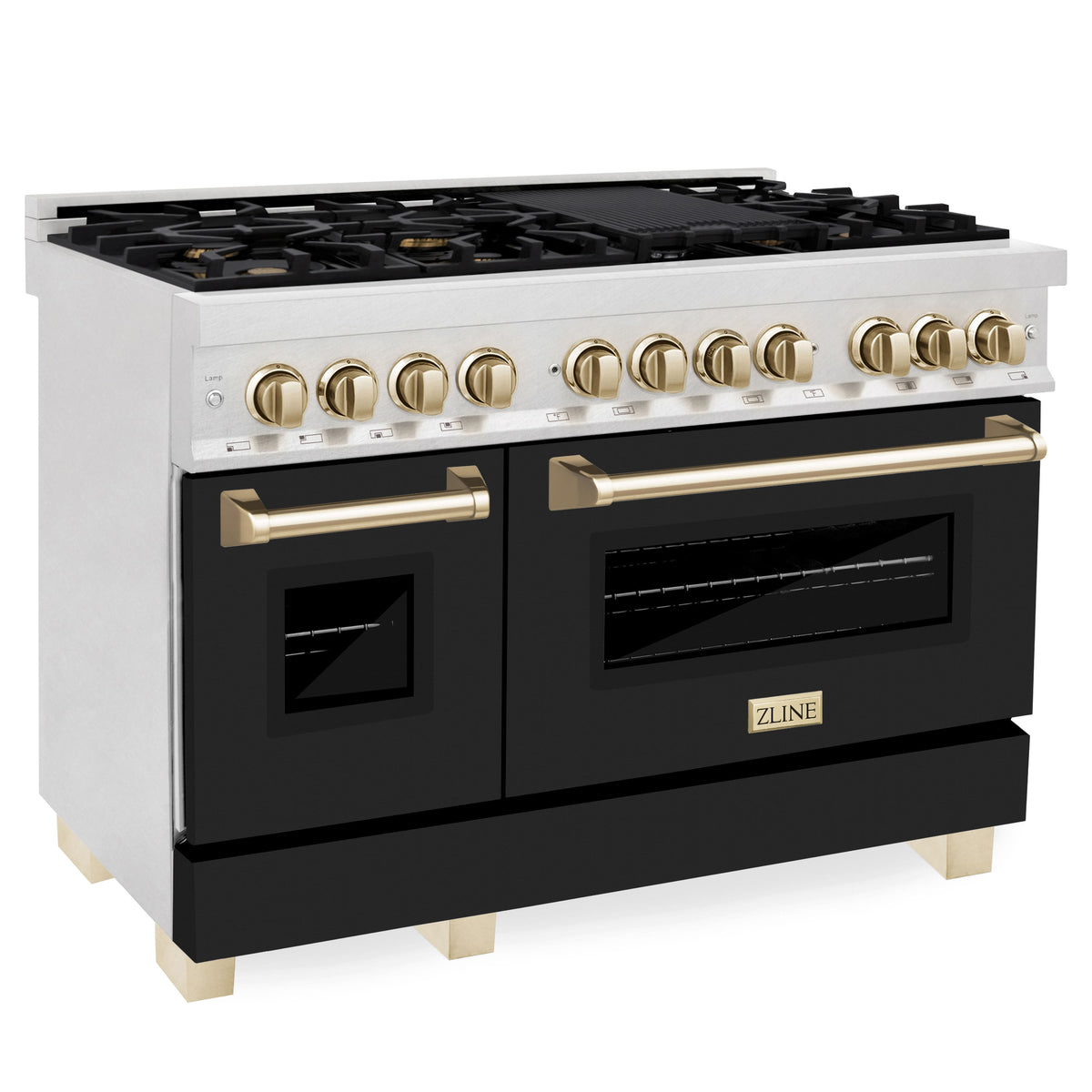 ZLINE - 48 in. Wide 7 Burner Autograph Legacy Dual Fuel Range in Satin Steel w/ Black & Gold Accents (RASZ-BLM-48-G) - Black Matte