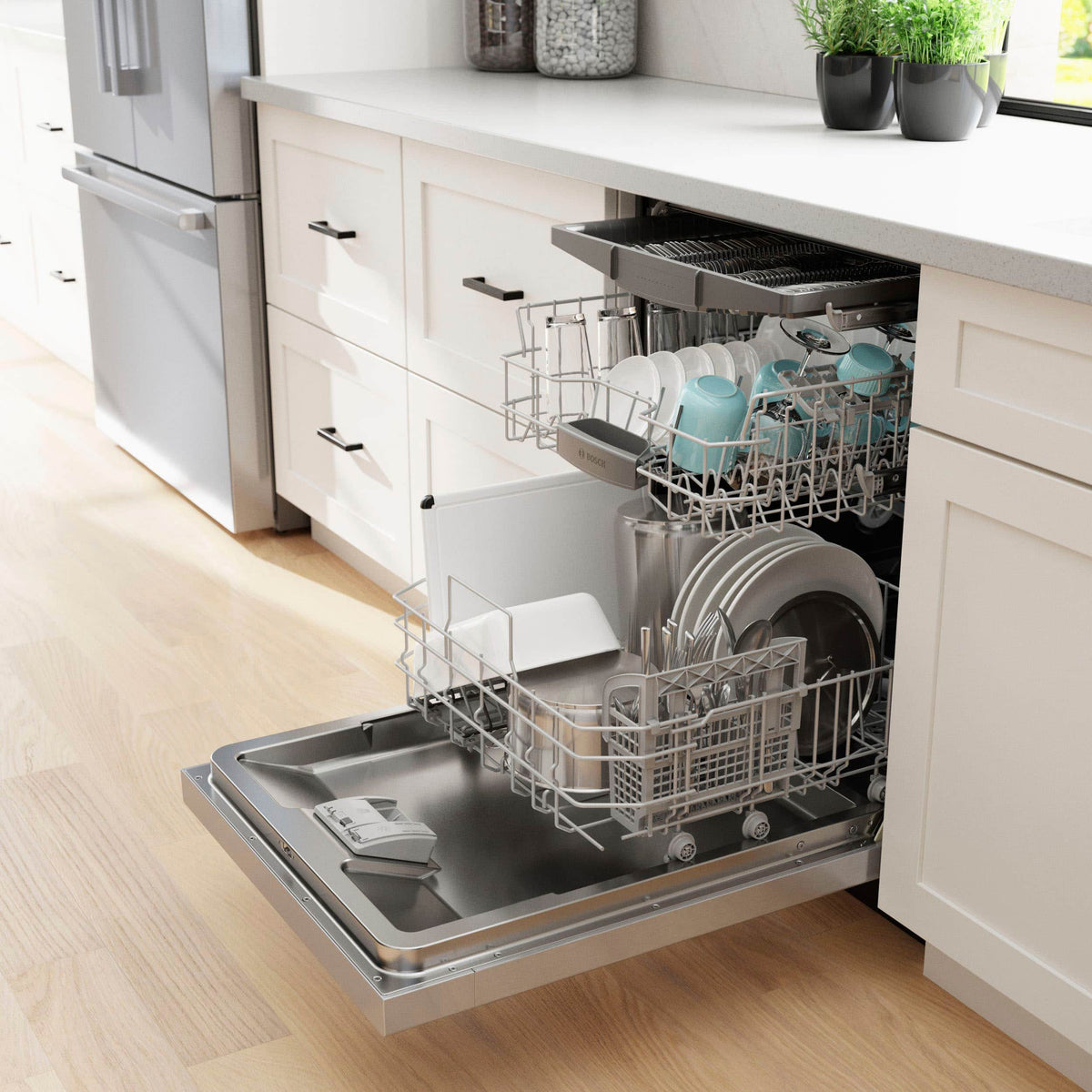 Bosch - 300 Series 24" Front Control Smart Built-In Stainless Steel Tub Dishwasher with 3rd Rack and AquaStop Plus, 46 dBA - Stainless Steel