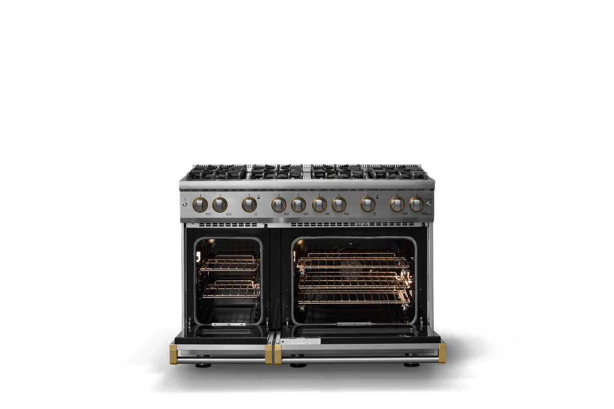 Viking - 48"W. 6.1 Cu.Ft. Freestanding Manual Clean Sealed 8B LP Gas Convection Range/Double Oven-Stainless Steel/Brushed Brass - Stainless Steel