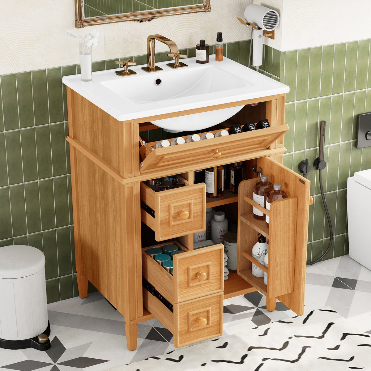 Tocador de baño con cajón abatible y 2 cajones de cierre suave