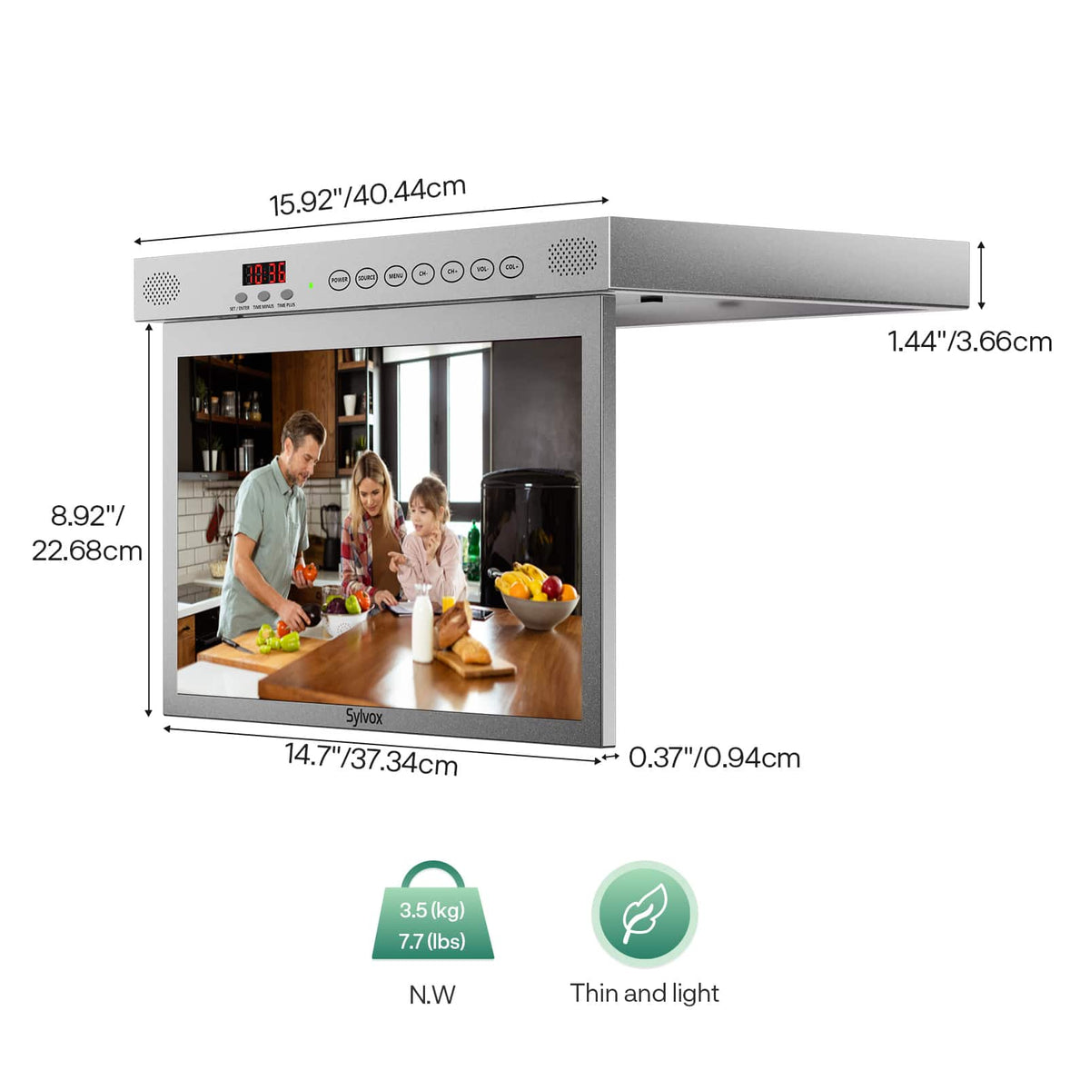 Sylvox - 15.6" Under Cabinet Smart TV, Flip Down Kitchen TV with Google TV, 1080P Display