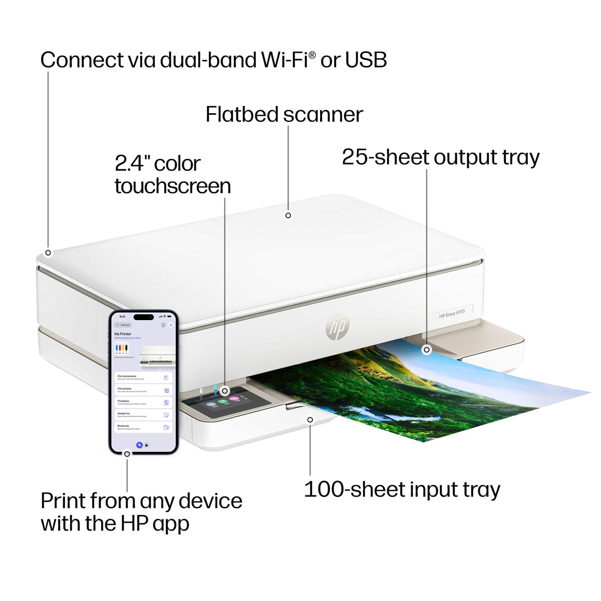 HP - Envy 6155 Wireless AI-Enabled All-in-One Inkjet Printer with 3 Months of Instant Ink - White