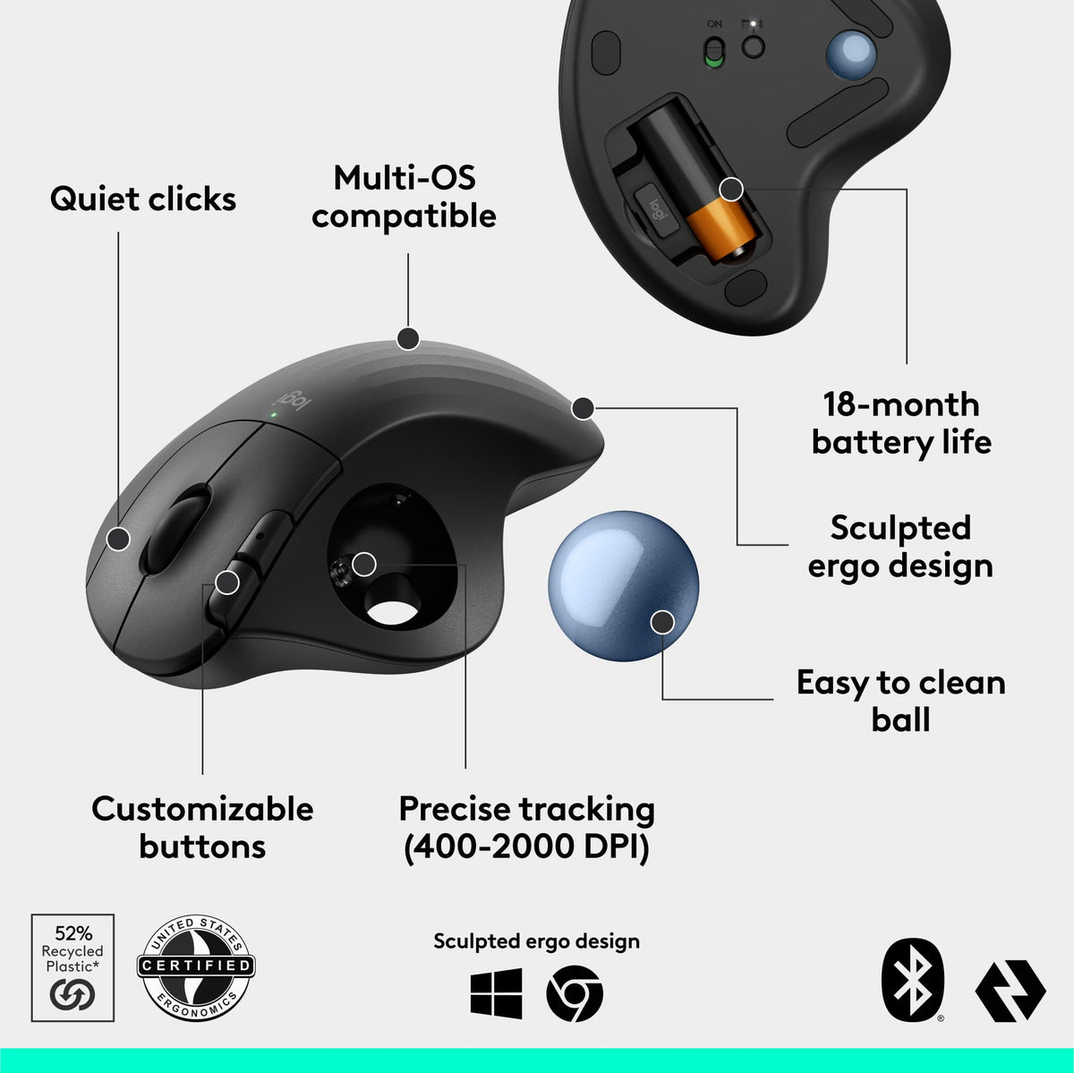 Logitech - ERGO M575 S Wireless Ergonomic Trackball Mouse - Wireless - Black
