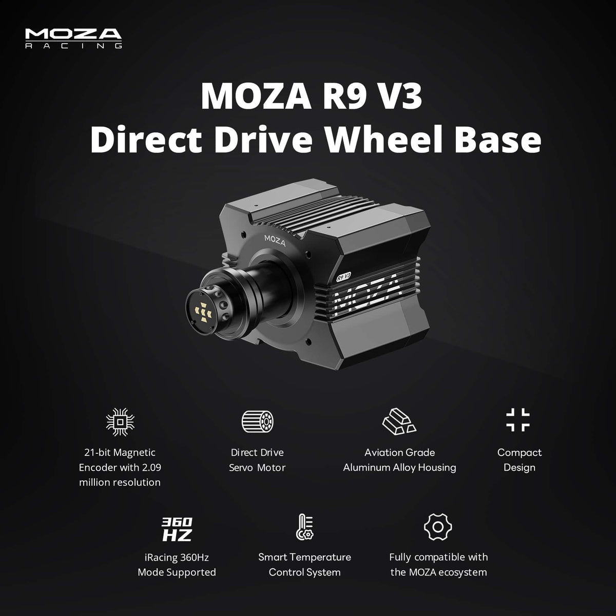 Moza Racing - R9 V3 Direct Drive Sim Racing Wheelbase for Windows - Black